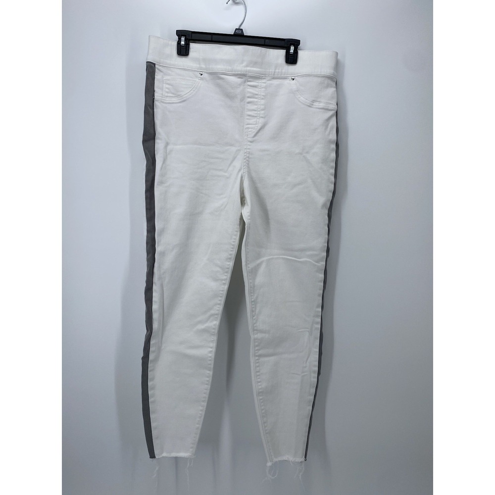 Spanx Side Stripe White Grey Stripe Distressed Raw Hem Stretch Skinny Jean Sz 2X